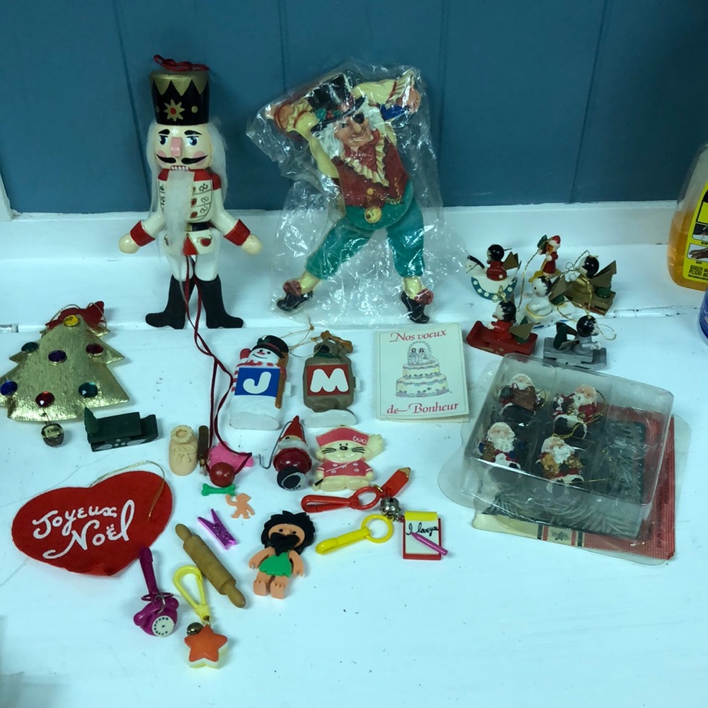 Vintage lot of ornaments and Knick knacks wooden nutcracker etc